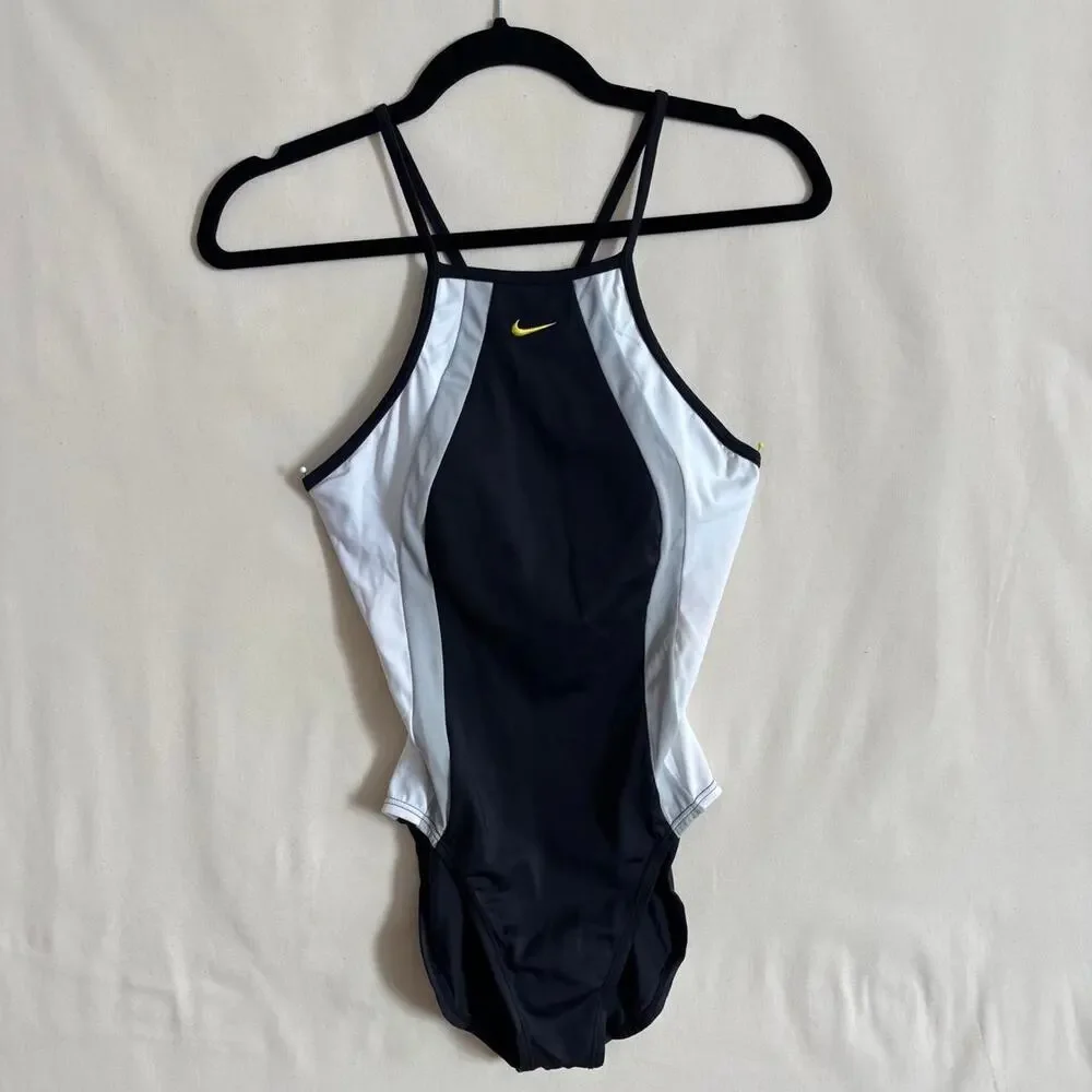 Vintage Nike black & white color block swimsuit with gold swoosh, size 6